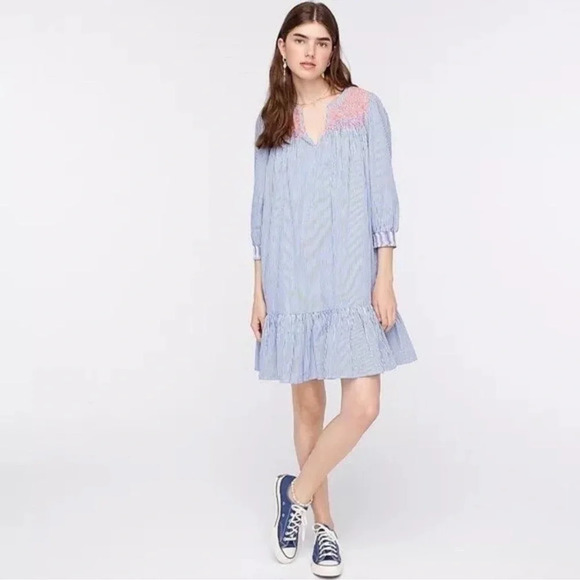 J. Crew | Stripe Embroidered Popover Dress with Ruffle Hem Size XXS Style AM118 - Picture 6 of 6